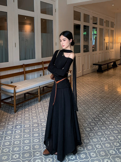 Elegant Asymmetrical Off-Shoulder Long Sleeve T-Shirt with Flowing Ribbon