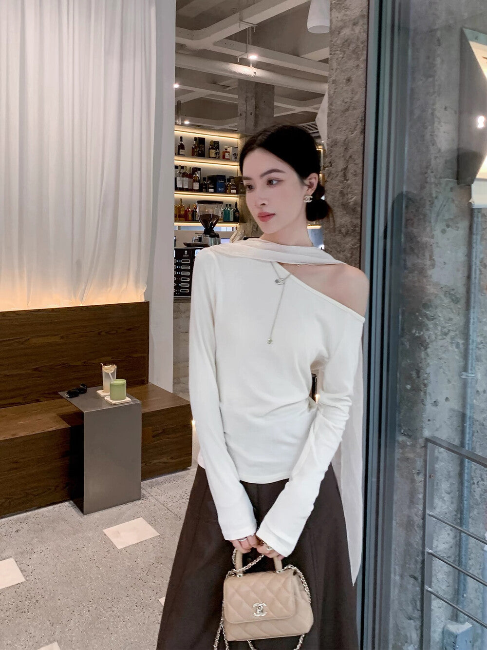 Elegant Asymmetrical Off-Shoulder Long Sleeve T-Shirt with Flowing Ribbon