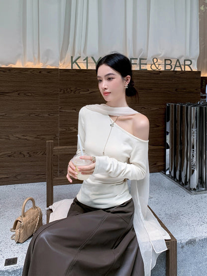 Elegant Asymmetrical Off-Shoulder Long Sleeve T-Shirt with Flowing Ribbon