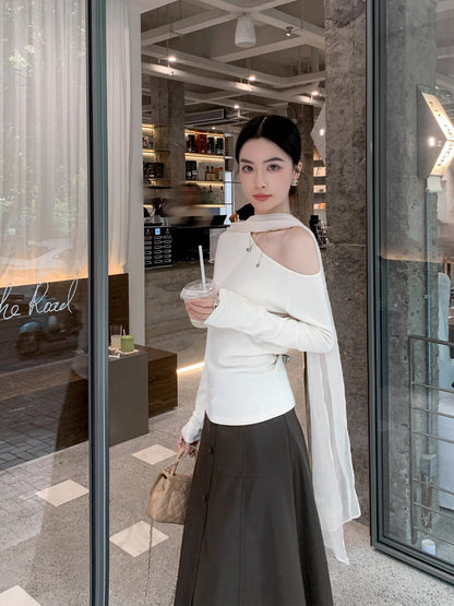Elegant Asymmetrical Off-Shoulder Long Sleeve T-Shirt with Flowing Ribbon
