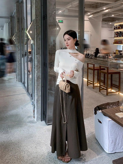Elegant Asymmetrical Off-Shoulder Long Sleeve T-Shirt with Flowing Ribbon