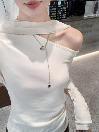 Elegant Asymmetrical Off-Shoulder Long Sleeve T-Shirt with Flowing Ribbon