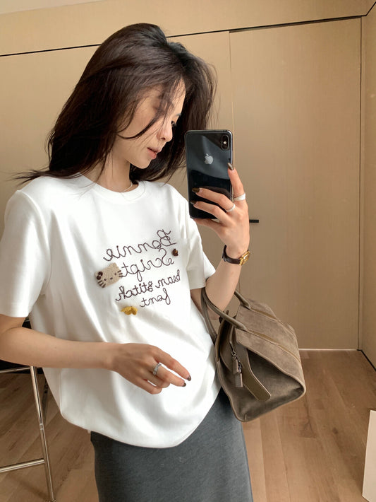 Letter Embroidered Kitty T-Shirt