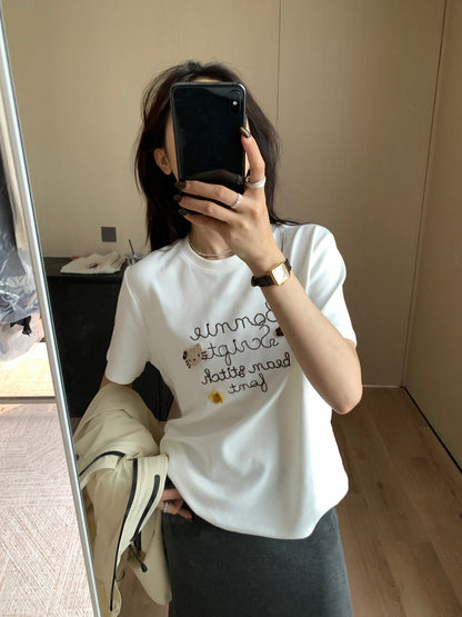 Letter Embroidered Kitty T-Shirt