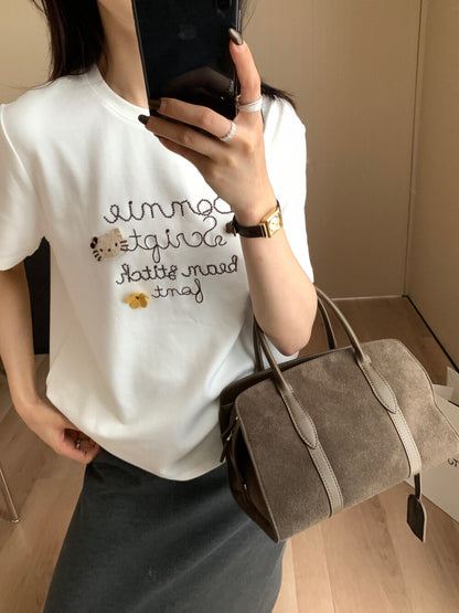 Letter Embroidered Kitty T-Shirt