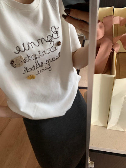 Letter Embroidered Kitty T-Shirt