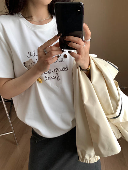 Letter Embroidered Kitty T-Shirt