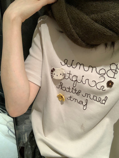 Letter Embroidered Kitty T-Shirt