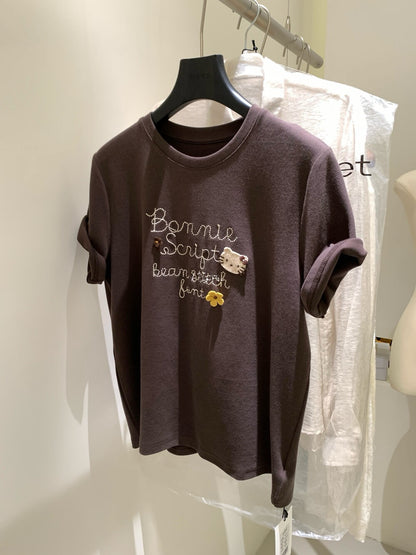 Letter Embroidered Kitty T-Shirt
