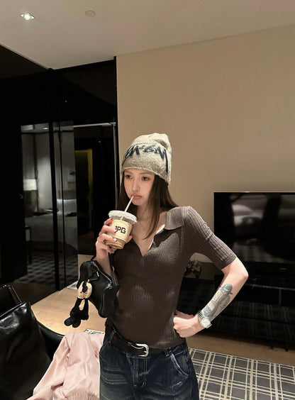 Tailored V-Neck Knit Sweater with Structured Shoulders