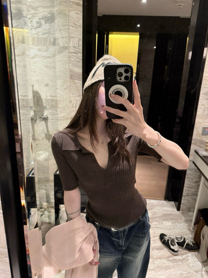 Tailored V-Neck Knit Sweater with Structured Shoulders