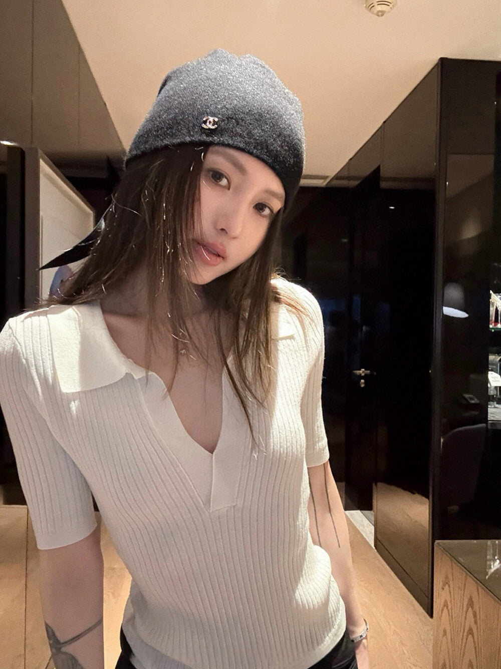 Tailored V-Neck Knit Sweater with Structured Shoulders