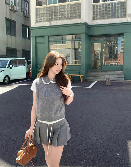 Layered Doll Collar Knit Vest + Short Sleeve Set