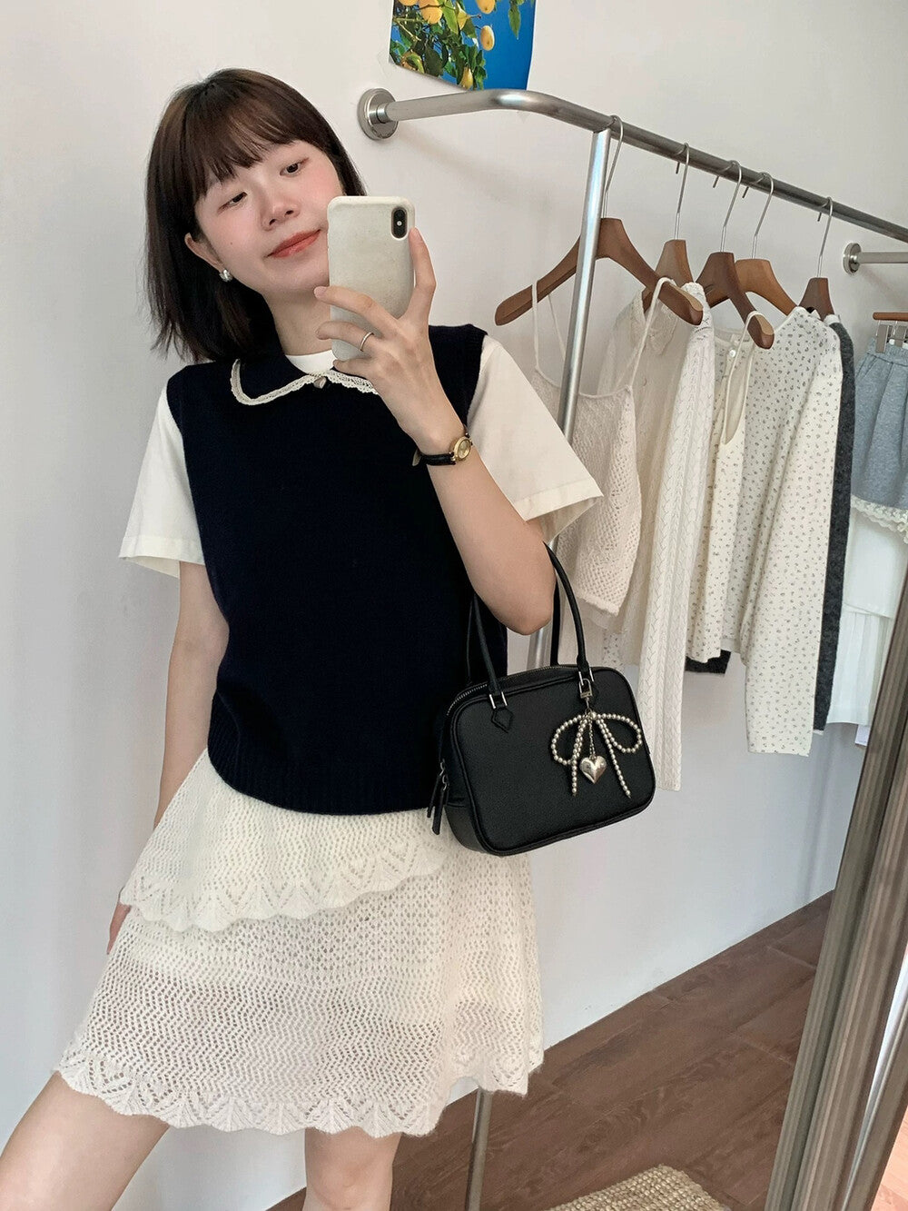 Layered Doll Collar Knit Vest + Short Sleeve Set