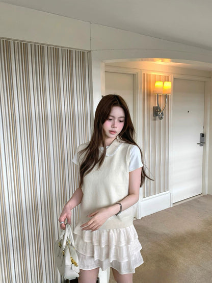 Layered Doll Collar Knit Vest + Short Sleeve Set