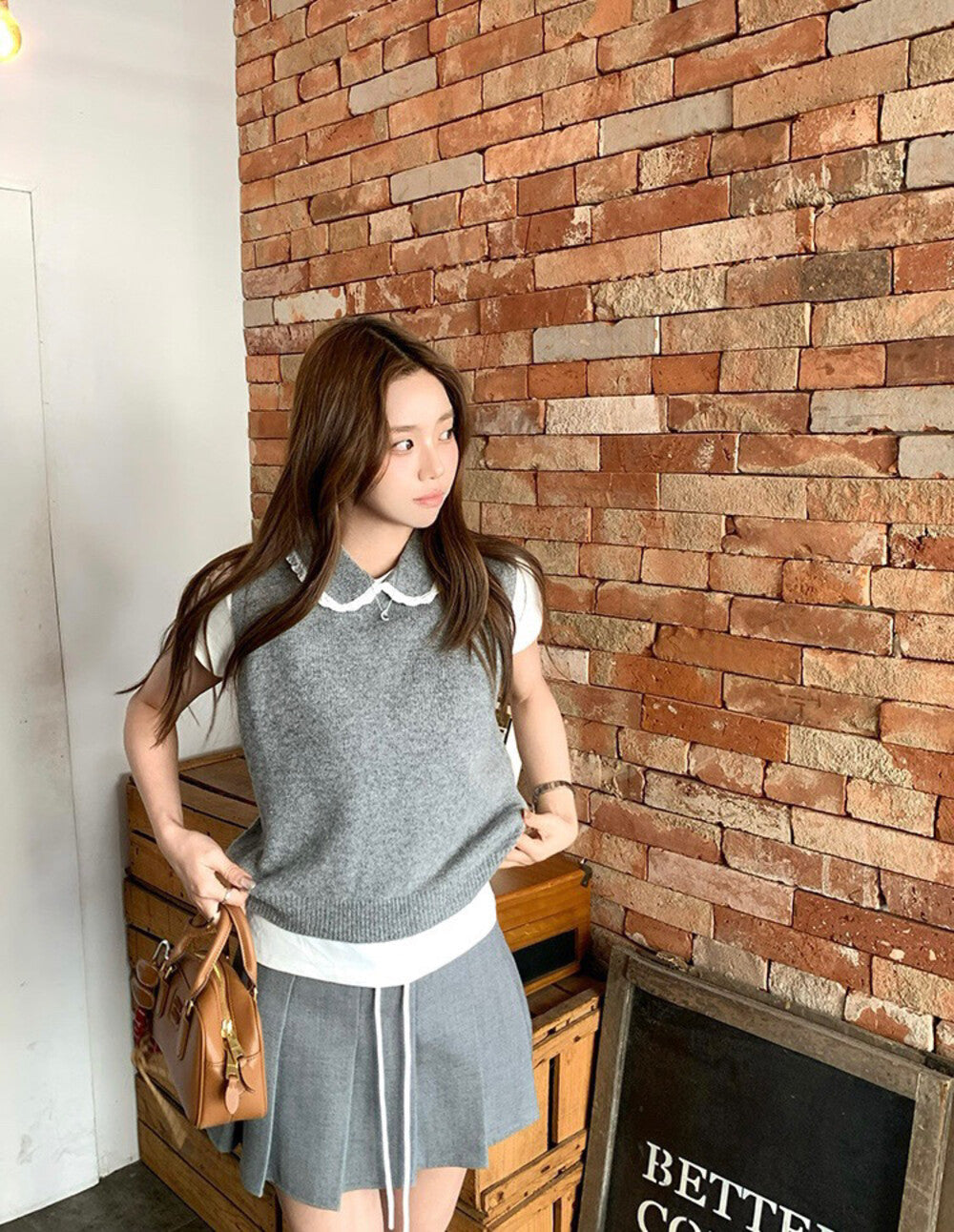 Layered Doll Collar Knit Vest + Short Sleeve Set