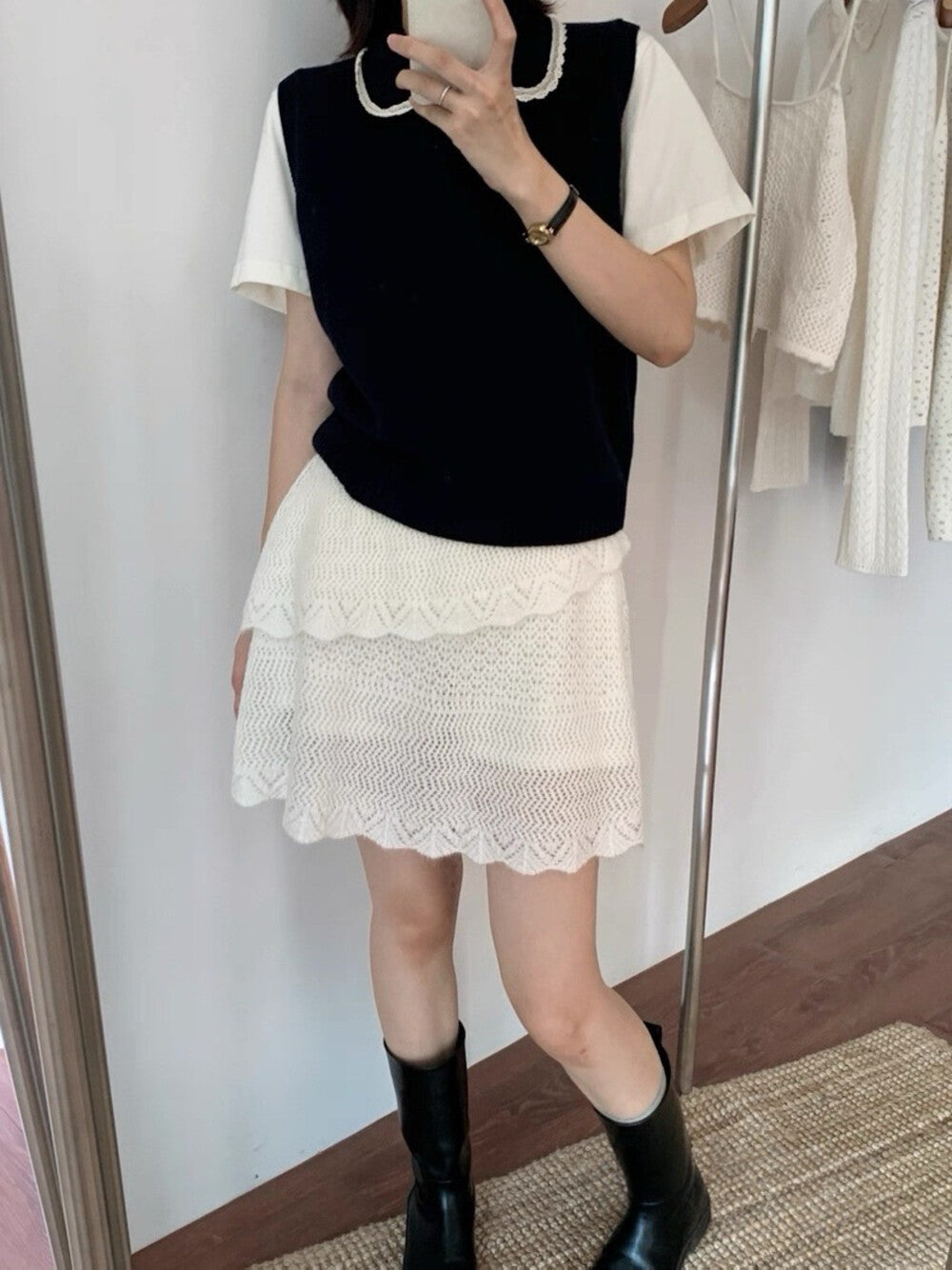 Layered Doll Collar Knit Vest + Short Sleeve Set