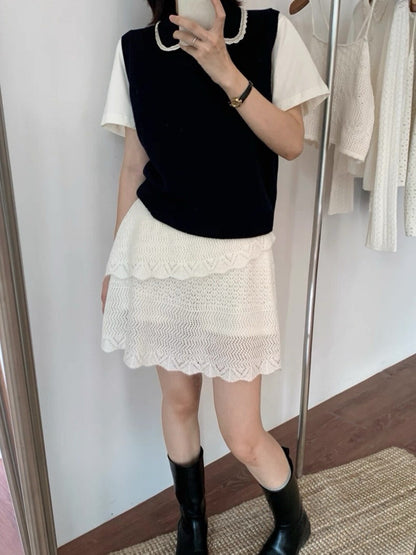Layered Doll Collar Knit Vest + Short Sleeve Set