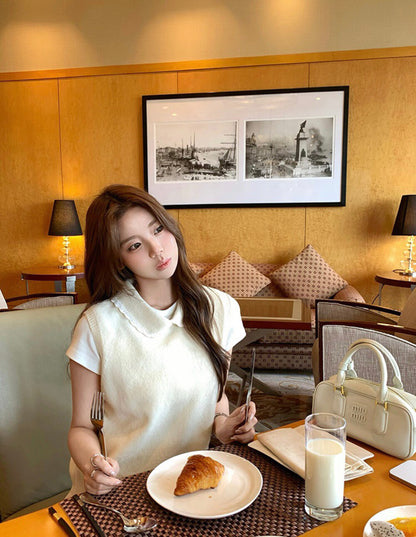 Layered Doll Collar Knit Vest + Short Sleeve Set