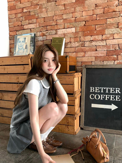 Layered Doll Collar Knit Vest + Short Sleeve Set