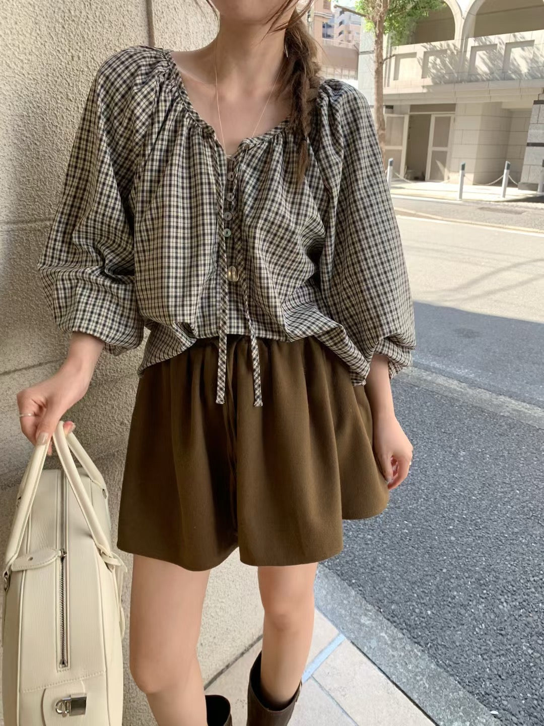 Vintage Sweet Plaid Ribbon Blouse