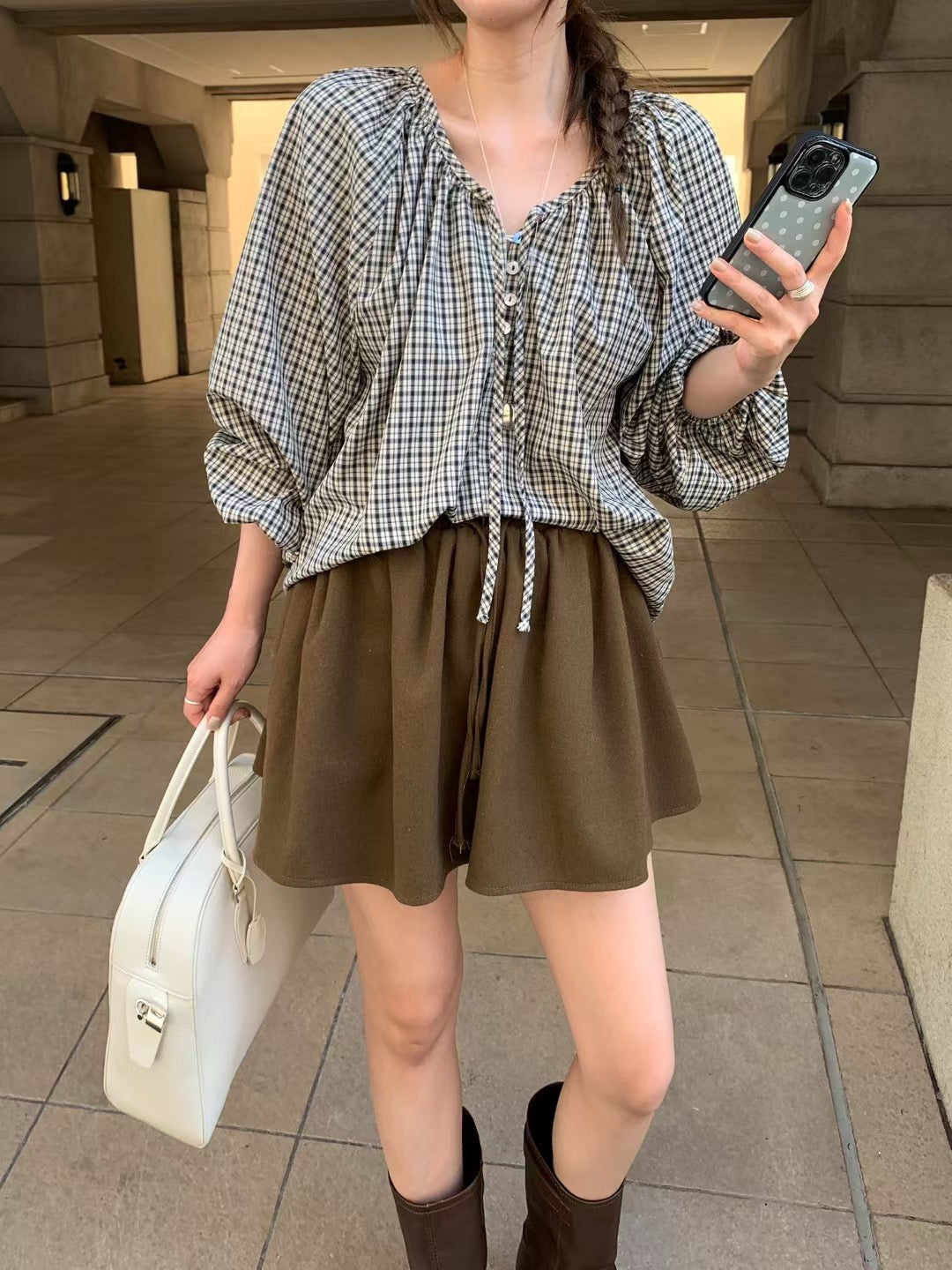 Vintage Sweet Plaid Ribbon Blouse