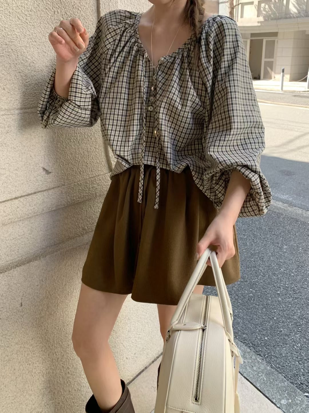 Vintage Sweet Plaid Ribbon Blouse