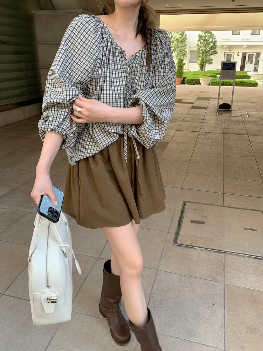 Vintage Sweet Plaid Ribbon Blouse