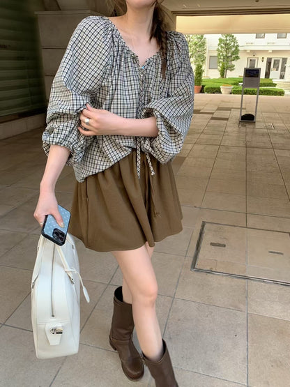 Vintage Sweet Plaid Ribbon Blouse