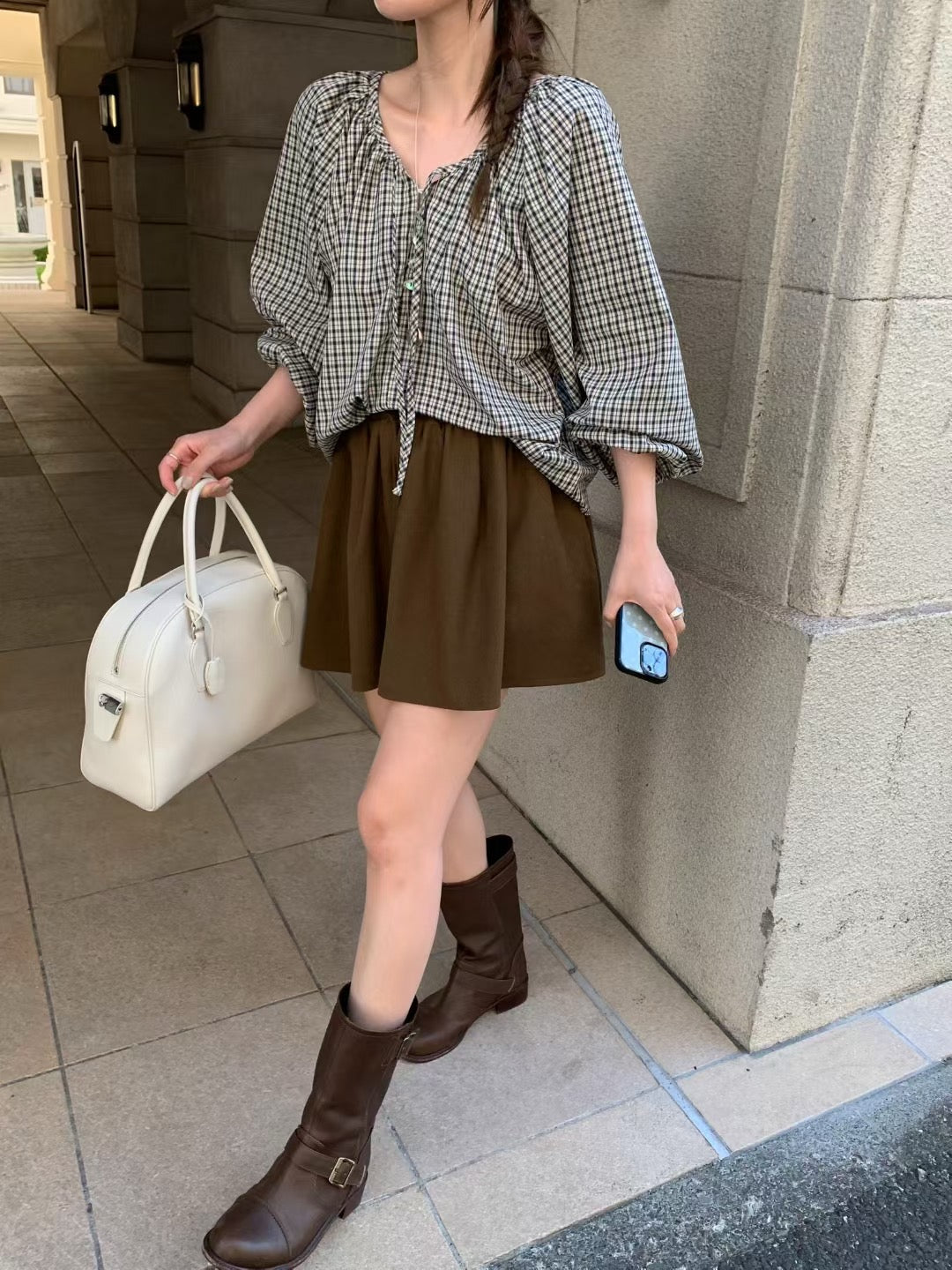 Vintage Sweet Plaid Ribbon Blouse