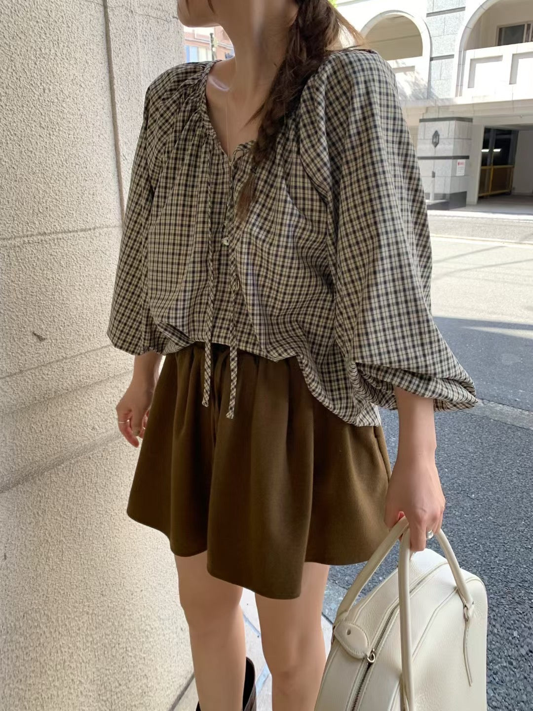 Vintage Sweet Plaid Ribbon Blouse