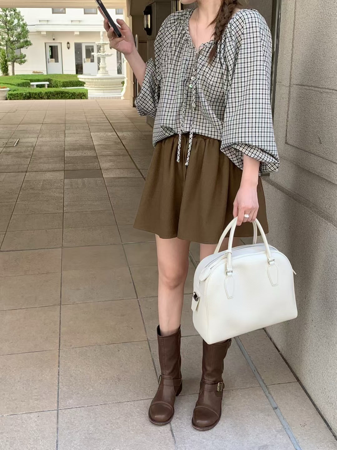 Vintage Sweet Plaid Ribbon Blouse