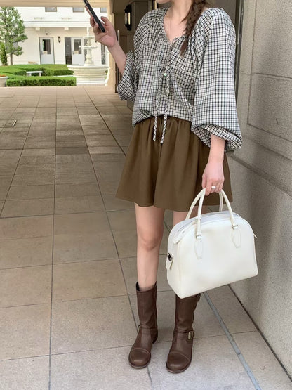 Vintage Sweet Plaid Ribbon Blouse