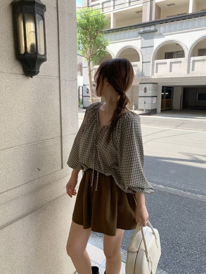 Vintage Sweet Plaid Ribbon Blouse