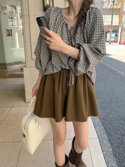 Vintage Sweet Plaid Ribbon Blouse