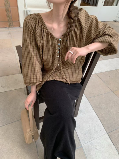 Vintage Sweet Plaid Ribbon Blouse