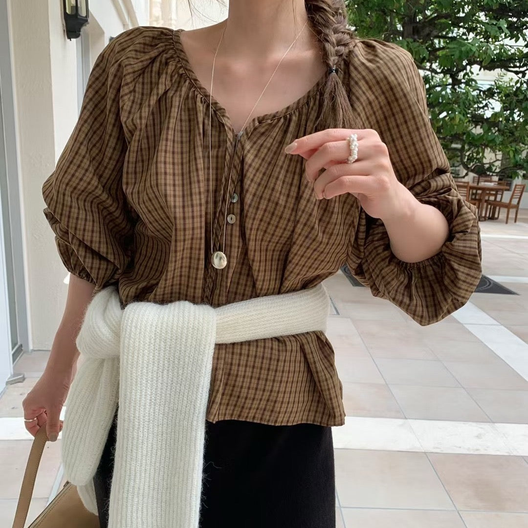 Vintage Sweet Plaid Ribbon Blouse