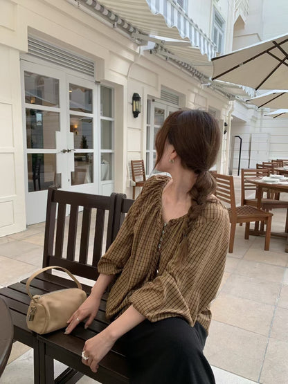 Vintage Sweet Plaid Ribbon Blouse