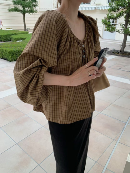 Vintage Sweet Plaid Ribbon Blouse