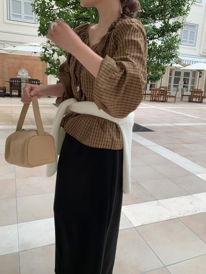 Vintage Sweet Plaid Ribbon Blouse