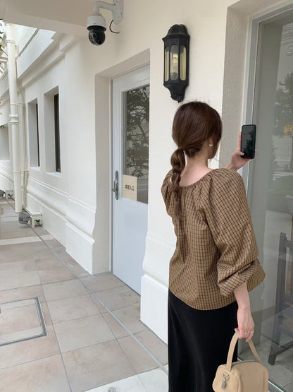 Vintage Sweet Plaid Ribbon Blouse