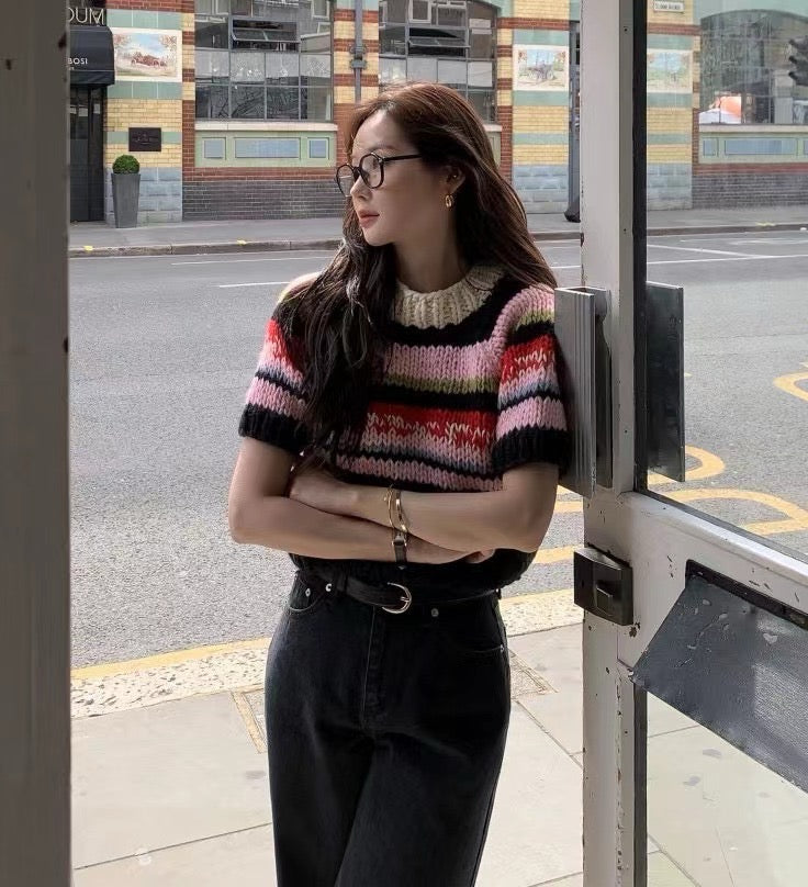 French Vintage Short-Sleeve Sweater