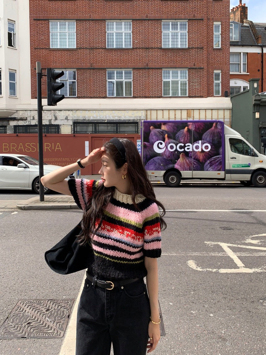 French Vintage Short-Sleeve Sweater