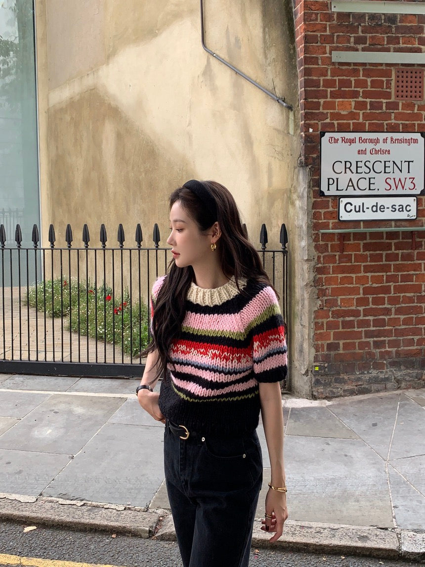 French Vintage Short-Sleeve Sweater