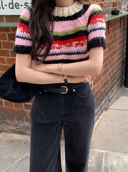 French Vintage Short-Sleeve Sweater