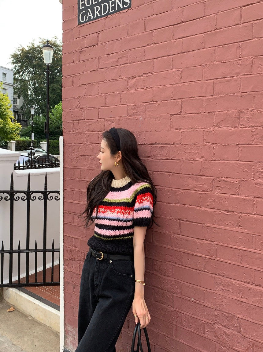 French Vintage Short-Sleeve Sweater