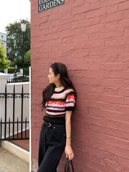 French Vintage Short-Sleeve Sweater