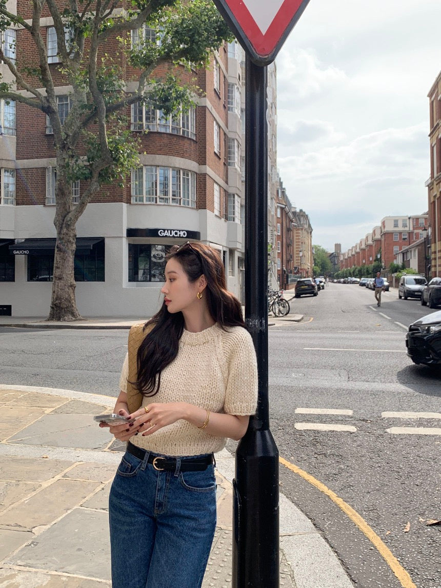 French Vintage Short-Sleeve Sweater