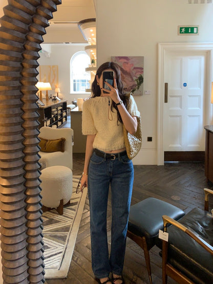 French Vintage Short-Sleeve Sweater