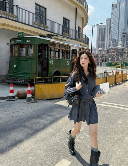 翻領格子恤衫連身裙